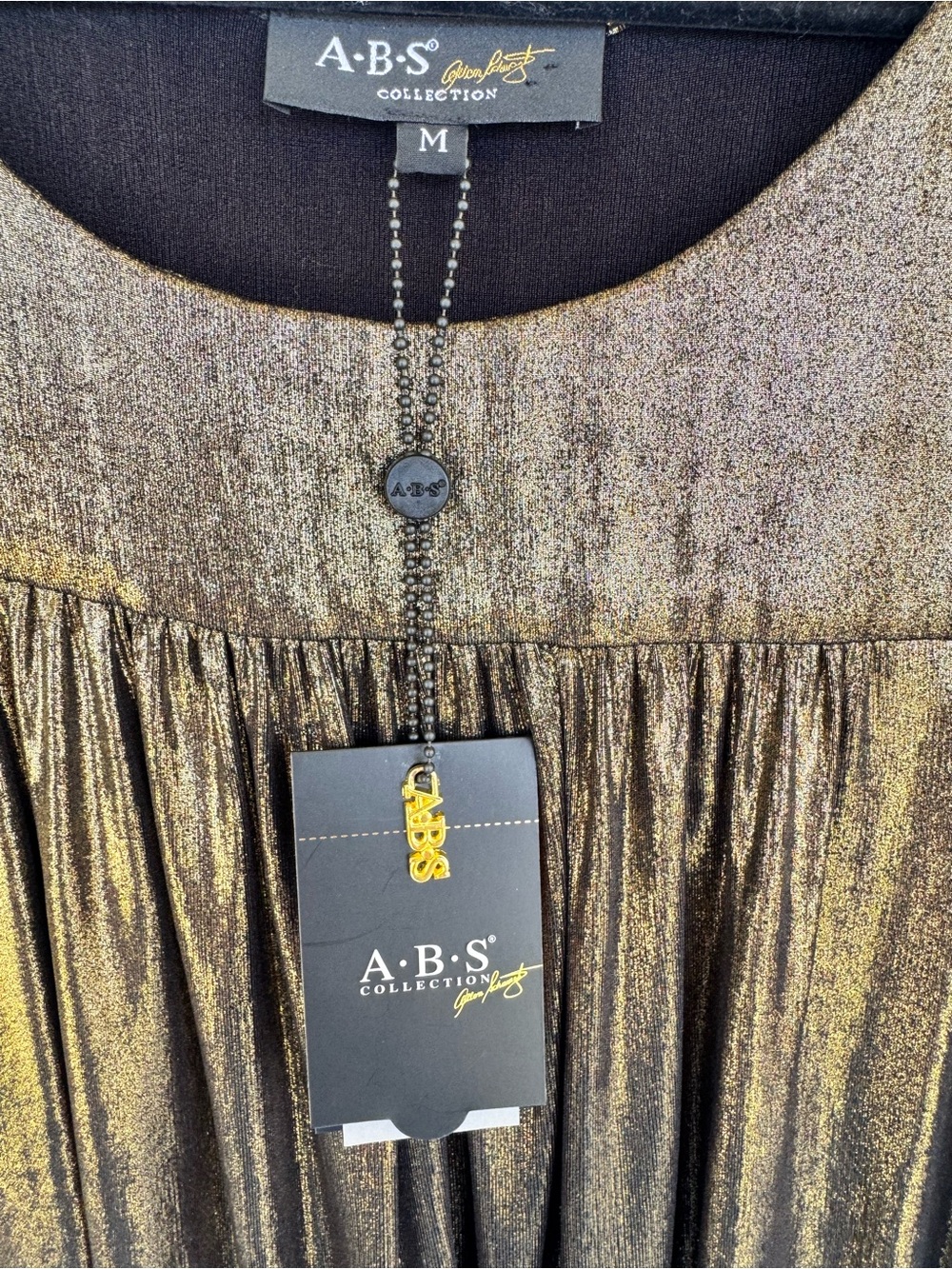 ABS Allen Schwartz Metallic Gold Short Sleeve Swing Dress - Picture 2 of 12